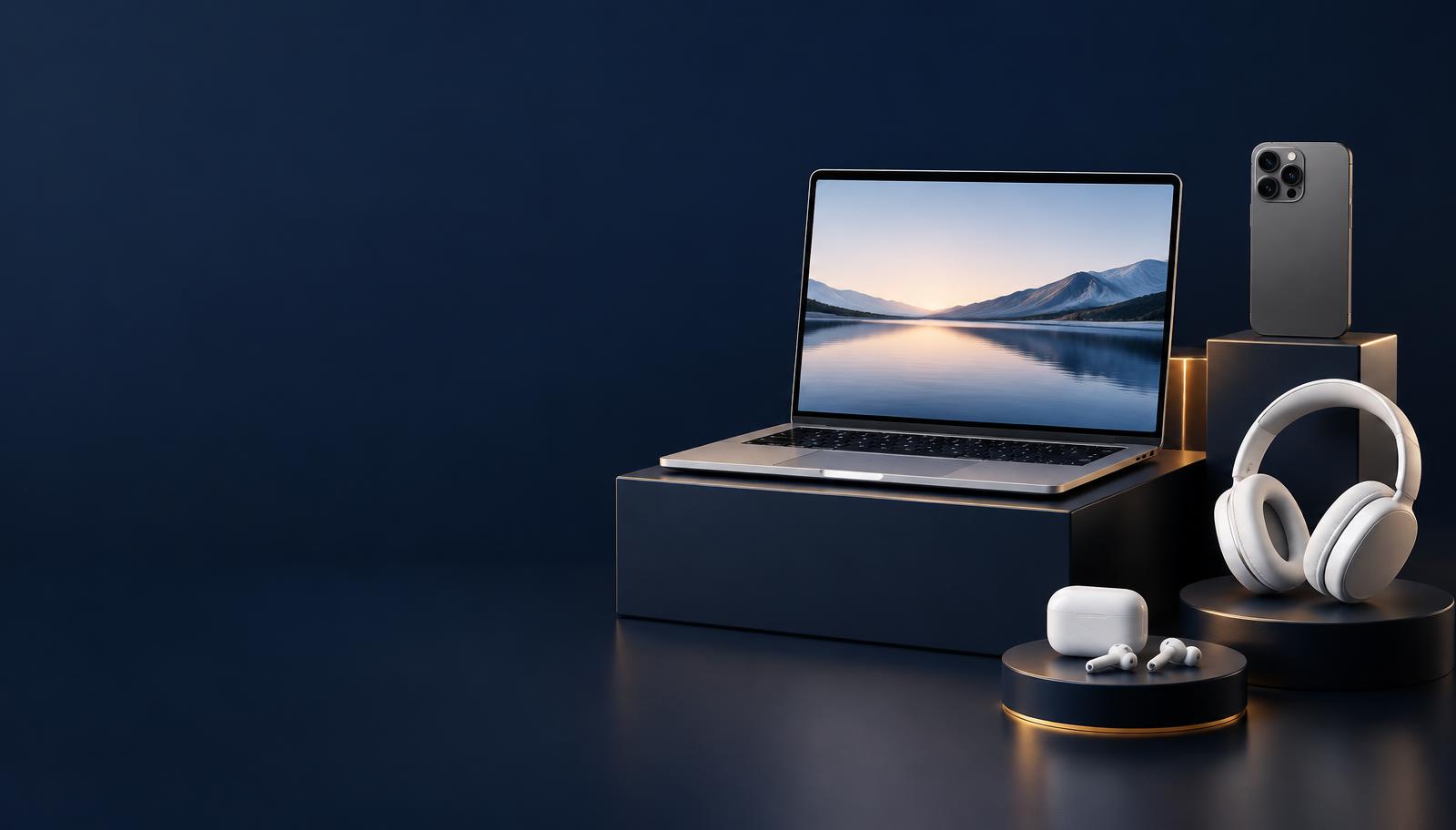 A laptop, smartphone, headphones and wireless earbuds